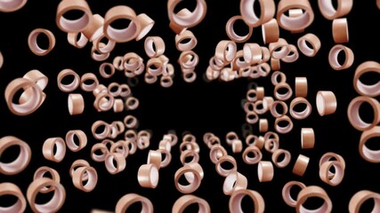 Flying many rolls of packing tapes on black background. Adhesive paper tape. 3D loop animation of duct tape rotating. - Powered by Adobe