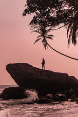 Podróżnik stojący na skale na wybrzeżu oceanu na tle palm i zachodzącego nieba. - obrazy, fototapety, plakaty
