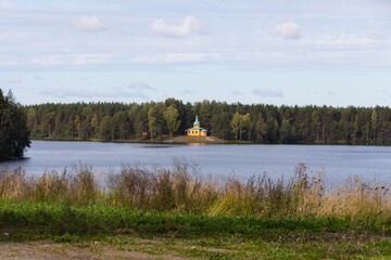 church on the other side of the lake