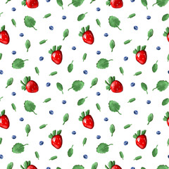 Seamless pattern with strawberries and blueberries. antique cutlery. Pattern for the menu, wrapping paper, rustic fabric.