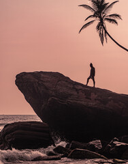 Podróżnik stojący na skale na wybrzeżu oceanu na tle palm i zachodzącego nieba.