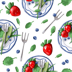 Seamless pattern with breakfast plates, strawberries and blueberries. antique cutlery. Pattern for the menu, wrapping paper, rustic fabric.