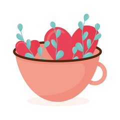 Red hearts and leaves in cup on white.