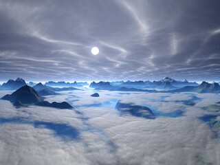 Obraz premium Illustration of a beautiful and inspirational mountain and sea landscape under the moon