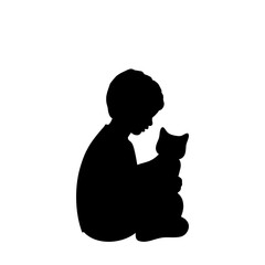 Silhouette little boy sitting with cat