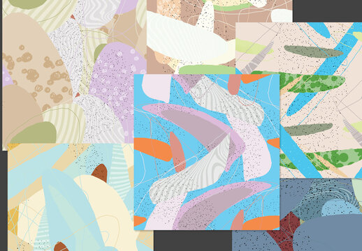 Seamless Pattern Set with Organic Grunge Textured Overlapping Oval Wavy Shapes and Lines