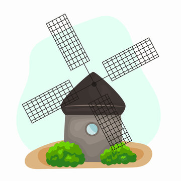 Windmill cartoon traditional rural windmills. Flour mill, grinds grain. Windmill with millstones. Grain processing.