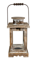 Brown wooden lantern vintage style front view on white