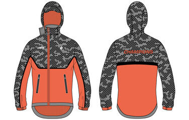 Camouflage Long sleeve sports Anorak Hoodie jacket design template in vector, Hooded jacket with front and back view, winter jacket for Men and women. for training, Running and workout in winter. © JERZEY DESINZ