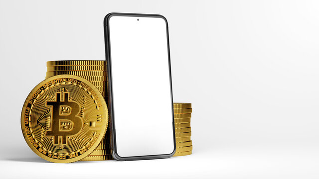 A Bitcoin and mobile phone mockup next to stacks of Bitcoins isolated on a white background and copy space. 3D rendering of Cryptocurrency coins, 2p2 exchange, blockchain technology