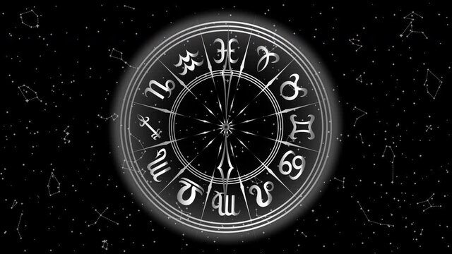 Animated Round Frame with Zodiac Sign. Black and White Horoscope Symbol and Arrow. Panoramic Sky Map of Hemisphere. Constellations on Starry Night Background. Loop Seamless Stock Footage. 3D Graphic