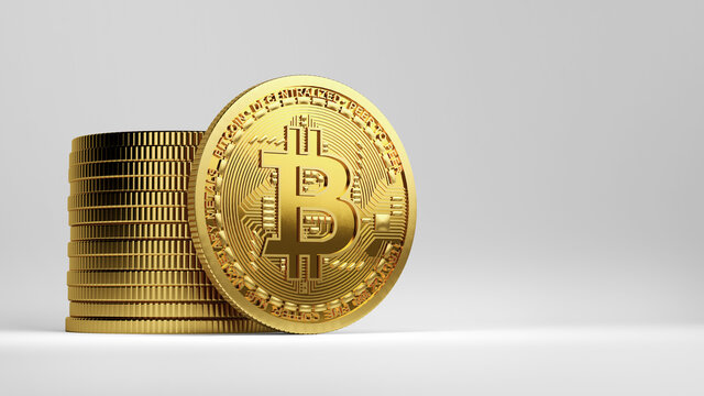 A physical Bitcoin next to a stack of Bitcoins isolated on a white background and copy space. 3D rendering of Cryptocurrency coins, 2p2 exchange, blockchain technology