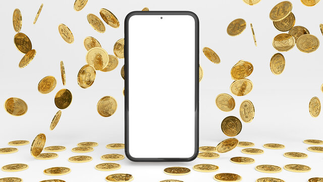 Bitcoin mobile phone blank screen mockup with a coin rain. 3D rendering of Cryptocurrency coins, 2p2 exchange, blockchain technology