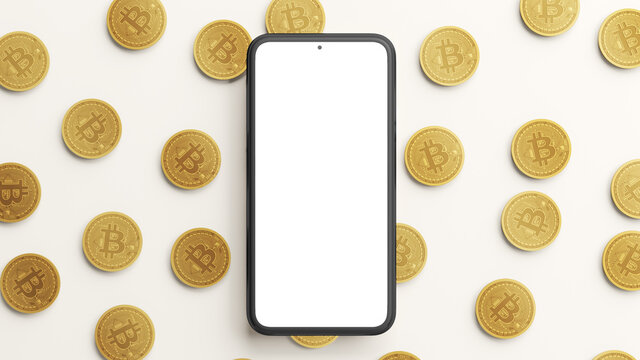 Mobile phone mockup blank screen and some physical bitcoins cryptocurrencies on a white background. 3D rendering. Cryptocurrency coin logo 2p2 exchange, blockchain technology