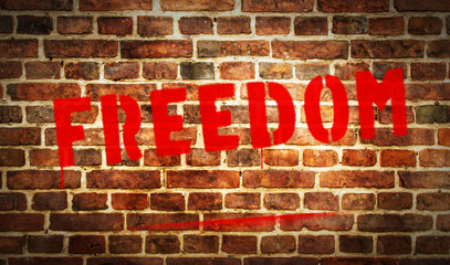 Fototapeta premium Freedom spray painted inscription on the brick wall