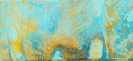 Abstract blue, cyan, yellow colored background. Color stains, stains, rust, paint drops, scuffs,...