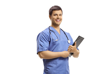 Doctor posing and holding a clipboard