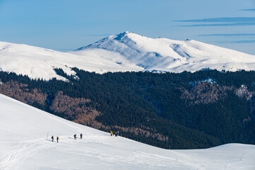 Fototapeta na wymiar Group of young people hiking in snowy Romanian mountains during a sunny winter day