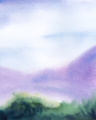 Abstract watercolor background with colorful layers. Gradient blurry landscape of green vegetation, purple mountains and soft blue sky. Hand drawn summer illustration of wild nature