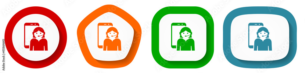 Aufkleber online customer service in smartphone, vector icon set, flat design buttons on white background