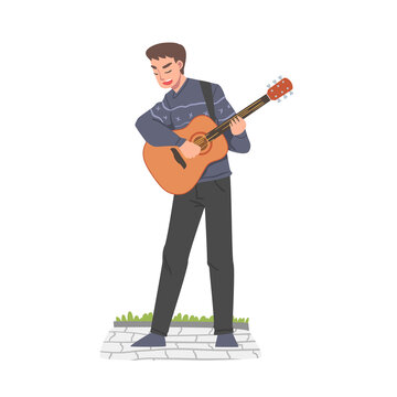 Male Street Guitarist Character Playing Acoustic Guitar, Live Performance Cartoon Style Vector Illustration