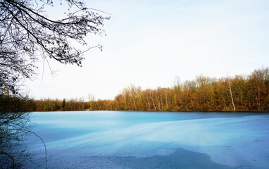 Winterliche Landschaft mit einem zugefrorenen See und kahlen Bäumen. Rolandsee in Beckum, Nordrhein Westfalen.