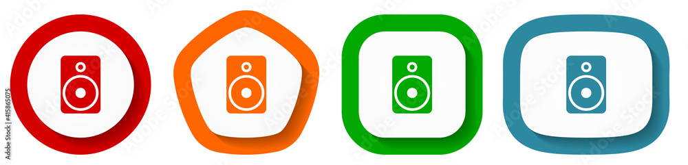 Aufkleber music speaker, loudspeaker vector icon set, flat design buttons on white background