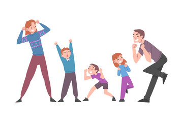 Naklejka premium Excited Mom, Dad and Kids Celebrating Victory, Expressing Succes and Positive Emotions Cartoon Vector Illustration