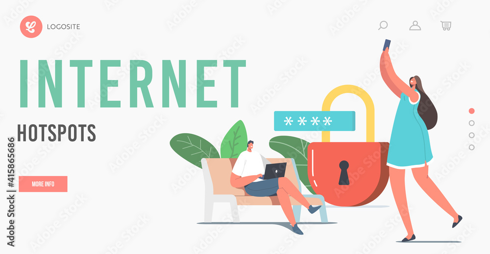 Poster free wi-fi internet hotspot landing page template. modern network technology, tiny characters at hug