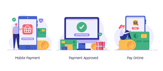 People paying successfully and safely. Online mobile payment and banking service. Concept of payment approved, payment done. Vector illustration in flat design for web banner and mobile app