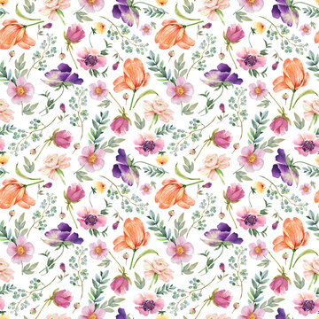 pattern with spring watercolor multicolored flowers, hand painted
