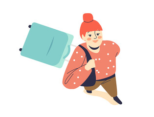 Young girl with suitcase looking up. Tourist woman with luggage before trip, view from above