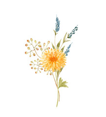 delicate bouquet with yellow flower watercolor illustration on white background, hand painted