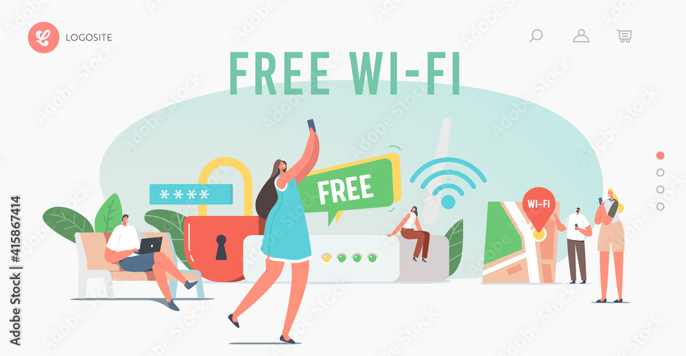 Poster modern network technology, free wi-fi hotspot landing page template. tiny characters at huge router 