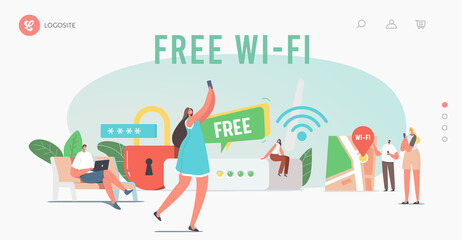 Modern Network Technology, Free Wi-fi Hotspot Landing Page Template. Tiny Characters at Huge Router use Wifi Internet