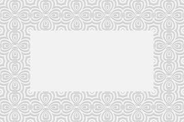 White background for design and decor. Frame for text. Geometric convex volumetric 3D pattern with artistic relief ornament of ethnic unique elements and flowers.