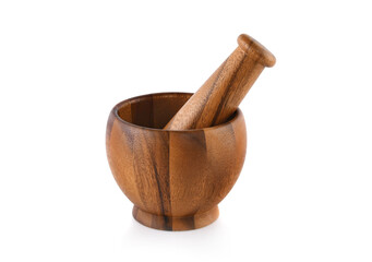 Handmade wooden mortar isolated on white background