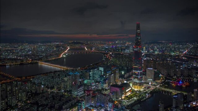 sunset night illuminated seoul city famous tower riverside bay aerial panorama 4k timelapse south korea