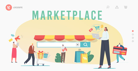 Marketplace Retail Business, Online Shopping Landing Page Template. Digital Shop App or Browser. Tiny Consultative Sales