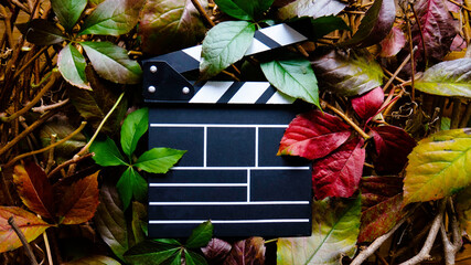 Empty wooden movie clapboard in frame of colorful autumn leaves. Nature concept. Top view....