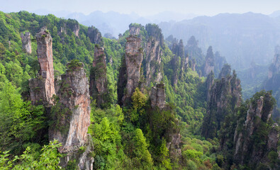 Panoramic aerial Tianzi Mountain view in Zhangjiajie National Forest Park at Wulingyuan Scenic Area, Hunan province of China