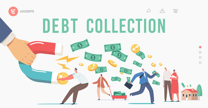 Debt Collection Landing Page Template. Huge Hand with Magnet Attracting Money from Escaping Characters