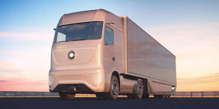 3D rendering of a brand-less generic concept truck. Electric autonomous truck in outside environment	