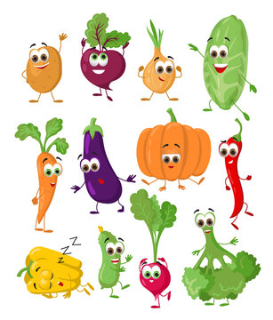 Set of Funny Vegetables with eyes on white background. Cartoon funny vegetables characters