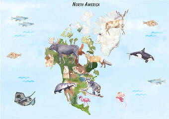 North America map with animals Watercolor world animal map Cute animals Nursery wall art, classroom poster, educational, learning, play room wall decor.