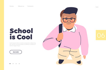 School is cool landing page concept with cute school boy wearing glasses and cap and holding backpack