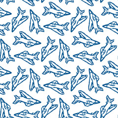 Blue fighter planes isolated on white background. Monochrome seamless pattern. Vector flat graphic hand drawn illustration. Texture.