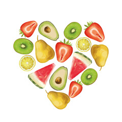 Heart composition made from different fruits. Illustration of kiwi, pear, strawberry, watermelon, avocado