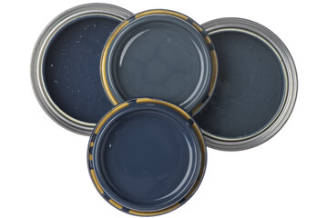 Opened metal cans with steel paint top view isolated on white background