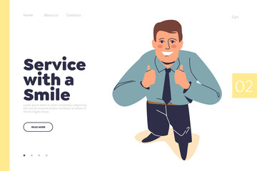 Service with smile concept of landing page with happy businessman looking up and showing thumb up